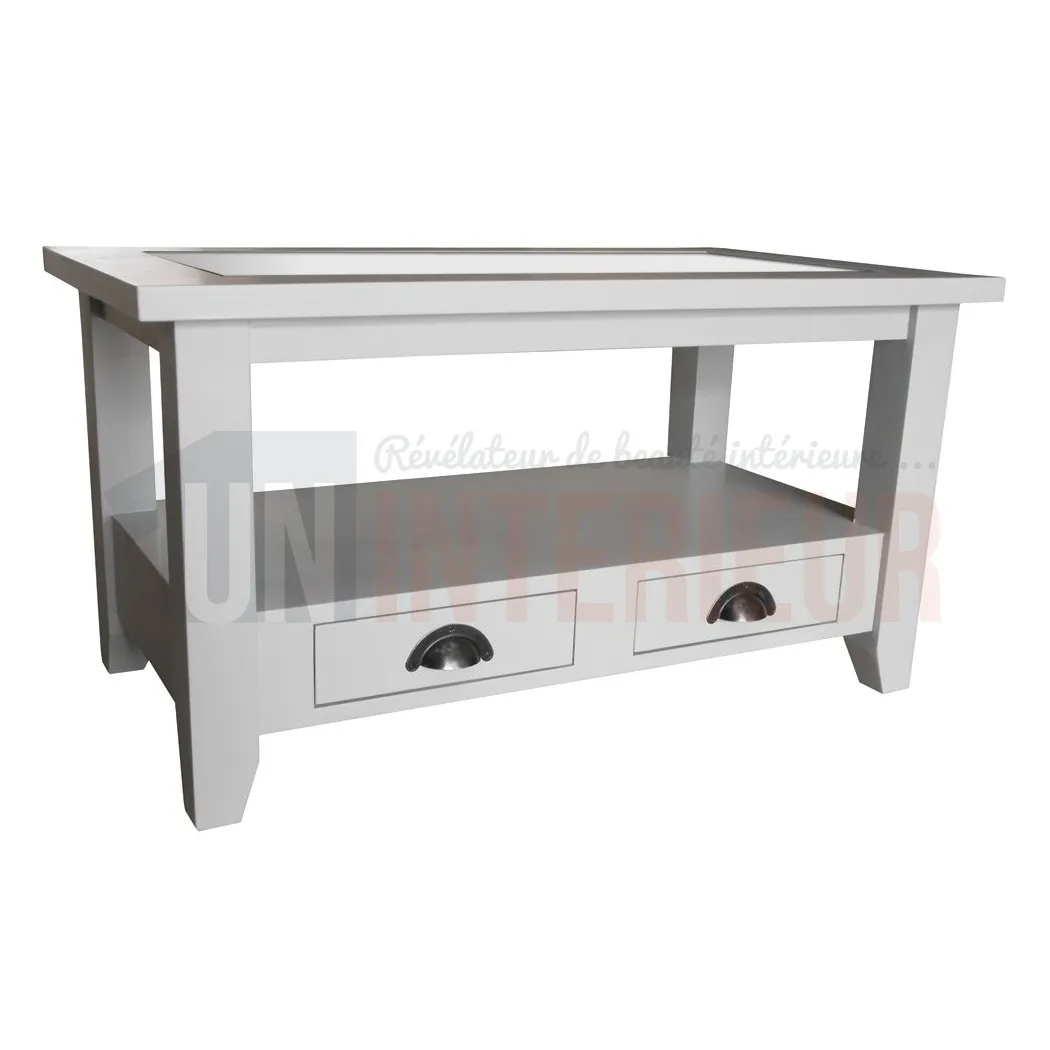 Table basse sur mesure en pin massif avec plateau verre 90cm