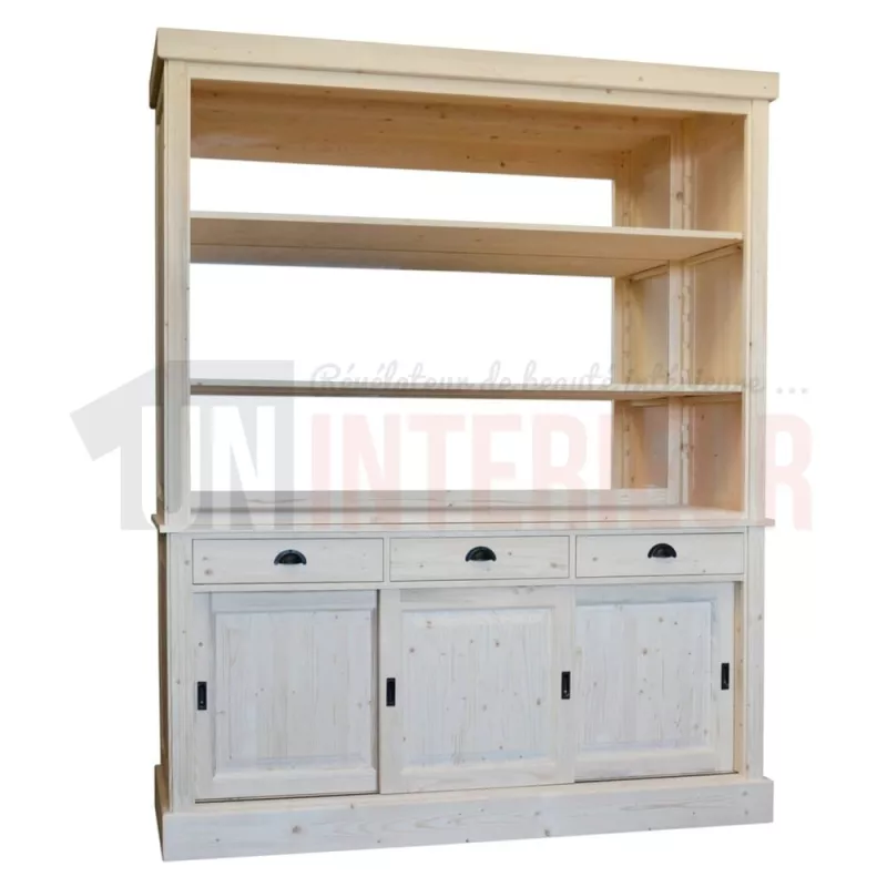 Back-bar meuble arrière de bar en pin massif 180cm, avec miroir et portes coulissantes - Chester