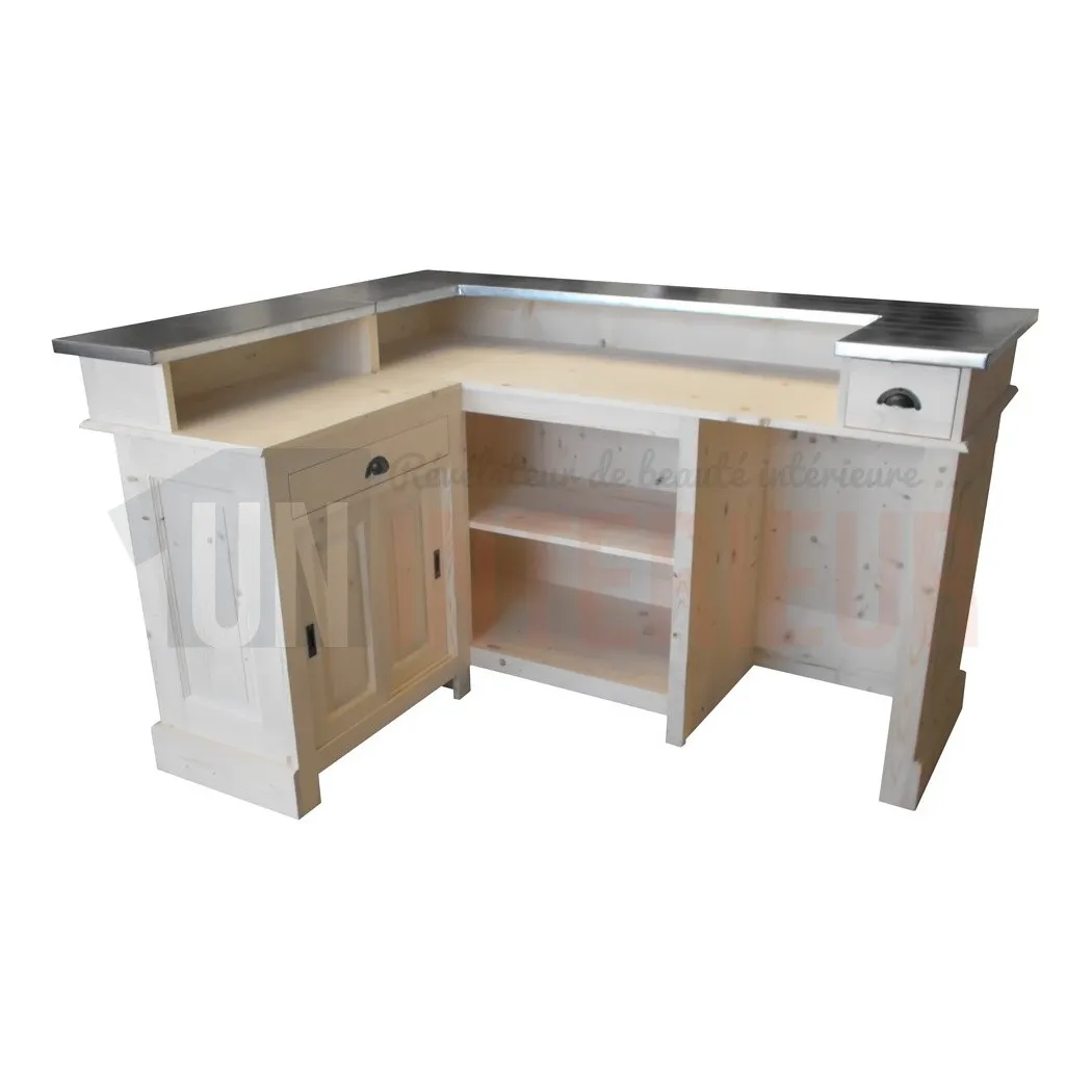 Comptoir de bar d'angle en pin massif 180cm x 140cm avec espace Frigo, retour à gauche - Chester