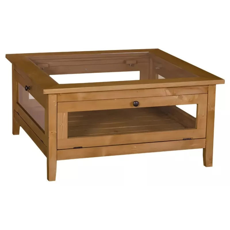 Table basse collectionneur en pin massif carrée - Glossy
