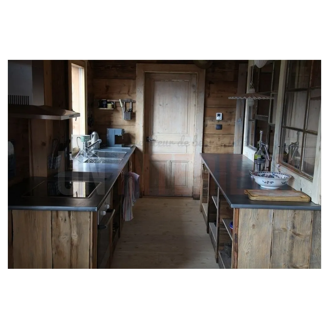 Ensemble plans de travail en zinc avec intégrations pour deux éviers et plaque - Zinc classique