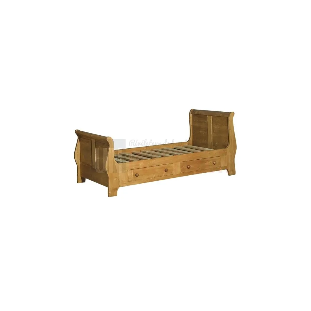 Lit en pin massif 90cm x 190cm, 2 tiroirs, sommier inclus - Princess