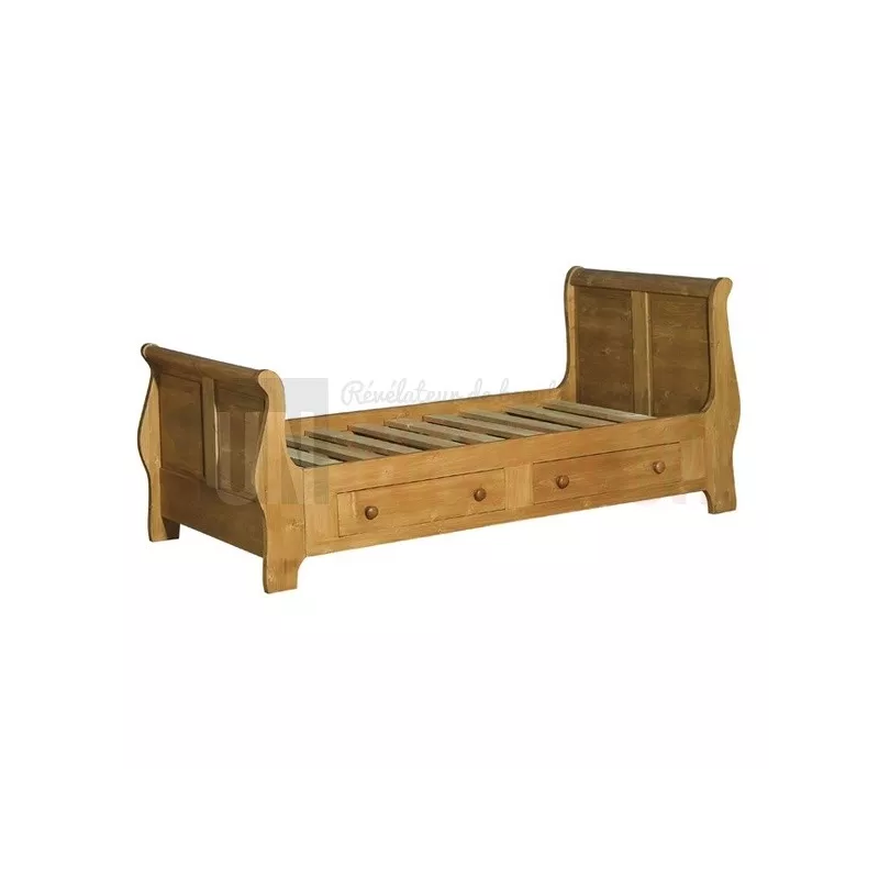 Lit en pin massif 90cm x 190cm, 2 tiroirs, sommier inclus - Princess