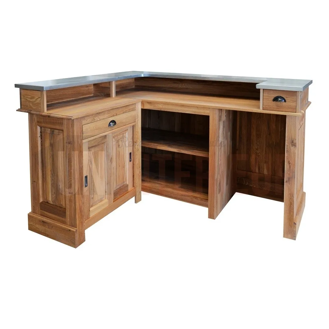 Bar d'angle 180cm x 140cm avec espace frigo en chêne massif, retour à gauche - Chester