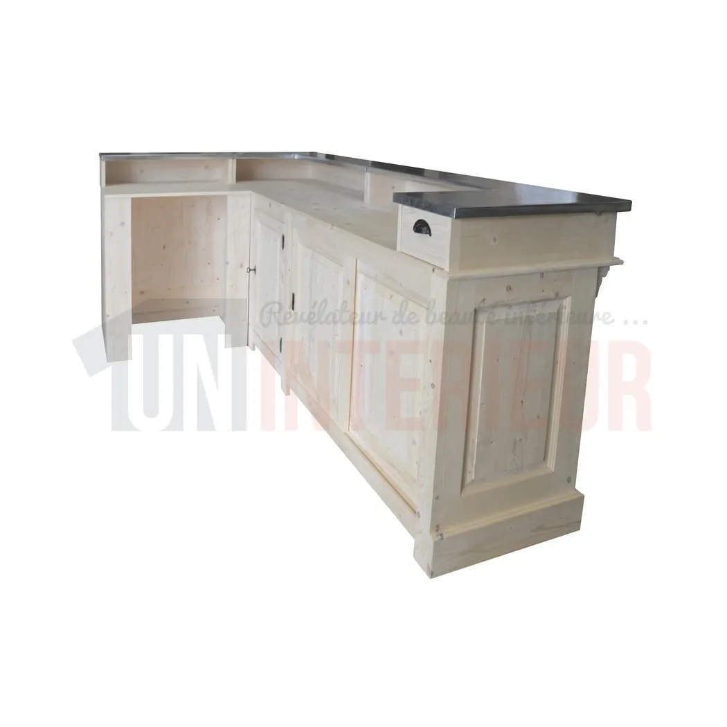 Comptoir de bar d'angle en pin massif 240cm x 140cm avec espace Frigo, retour à gauche - Chester