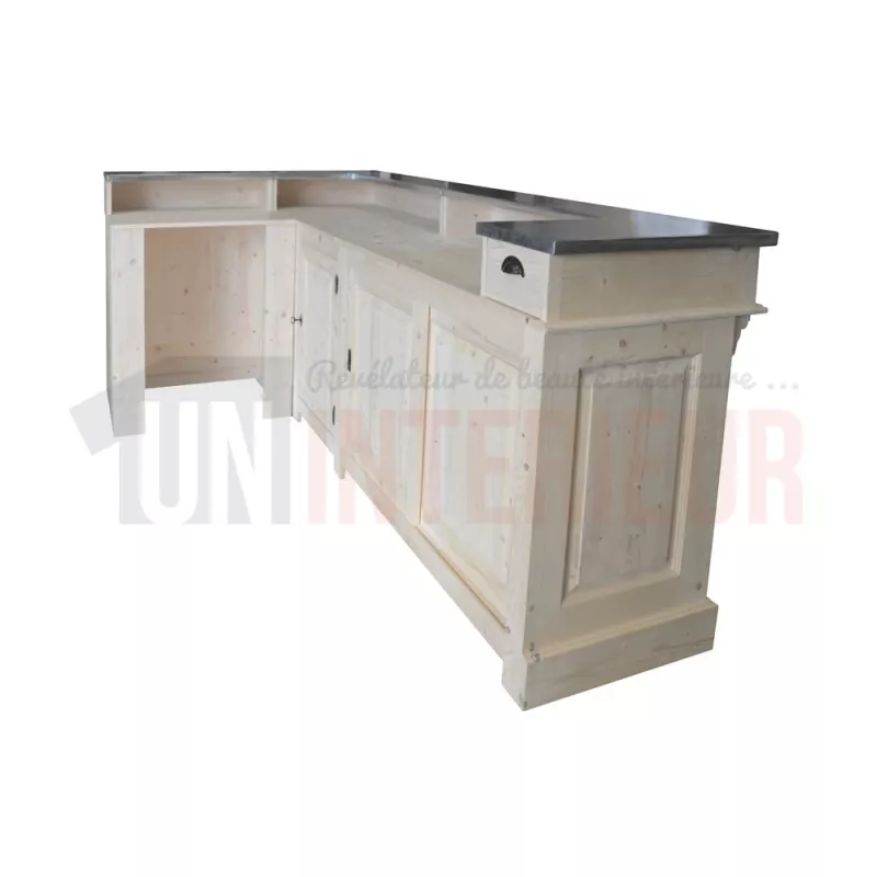 Comptoir de bar d'angle en pin massif 240cm x 140cm avec espace Frigo, retour à gauche - Chester