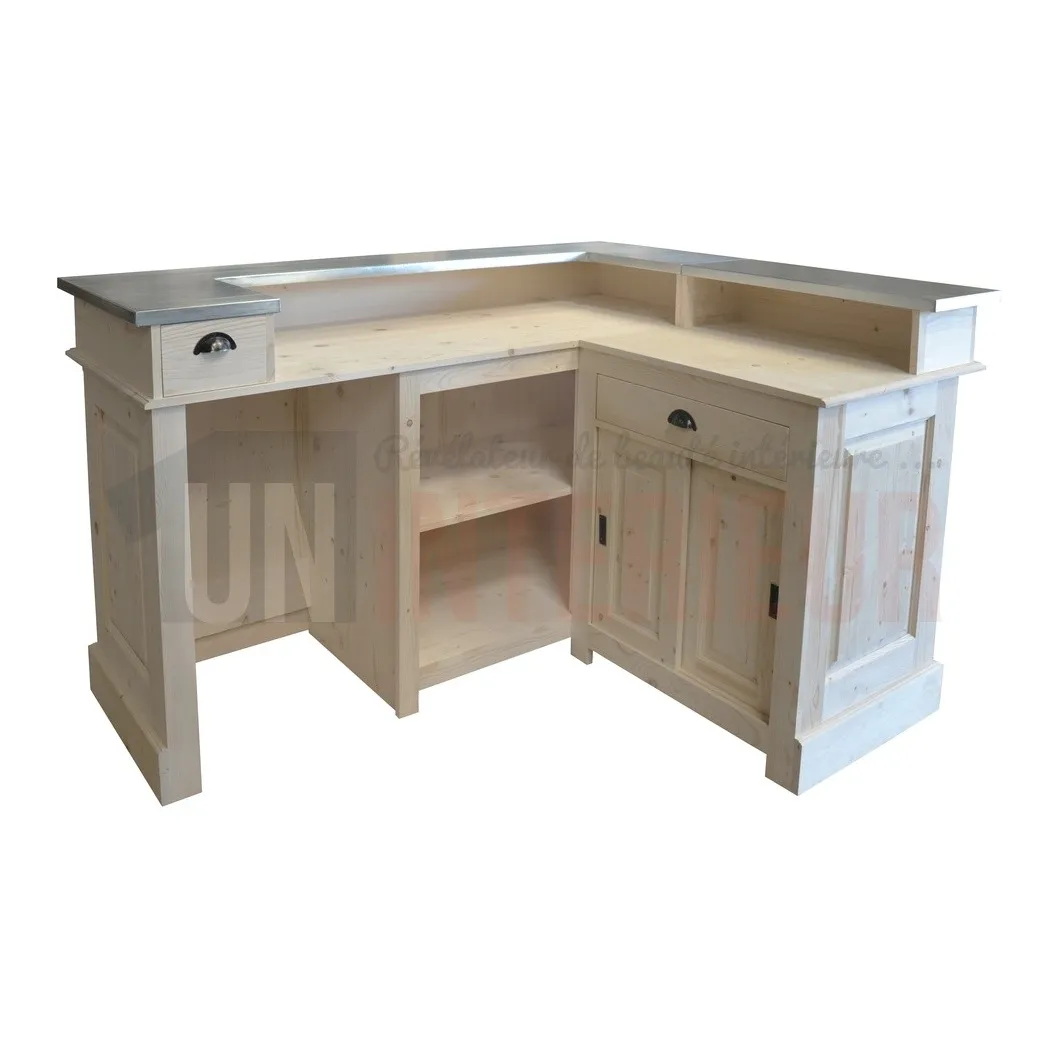 Comptoir de bar d'angle en pin massif 180cm x 140cm avec espace frigo, retour à droite - Chester