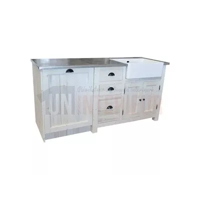 Lot 3 meubles de cuisine composition angle en pin massif et plateau zinc acier