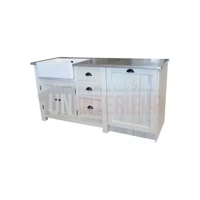 Meuble évier lave-vaisselle de cuisine en pin massif, évier timbre à droite - Straight