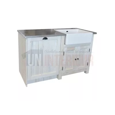 Combi meuble évier et lave-vaisselle en pin massif, avec évier timbre inclus à gauche - Straight