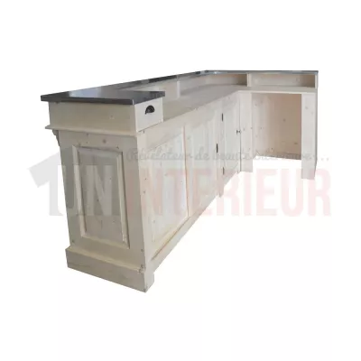 Comptoir de bar d'angle en pin massif 240cm x 140cm avec espace Frigo, retour à droite - Chester