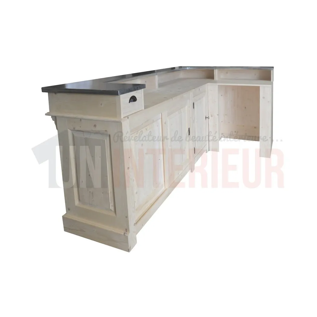 Comptoir de bar d'angle en pin massif 240cm x 140cm avec espace Frigo, retour à droite - Chester