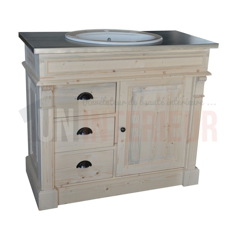 Meuble de salle de bain 3 tiroirs, en pin massif, 1 vasque - Chester