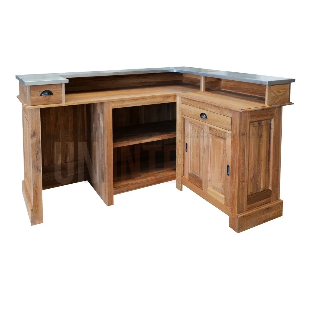 Bar d'angle 180cm x 140cm avec espace frigo en chêne massif, retour à droite - Chester