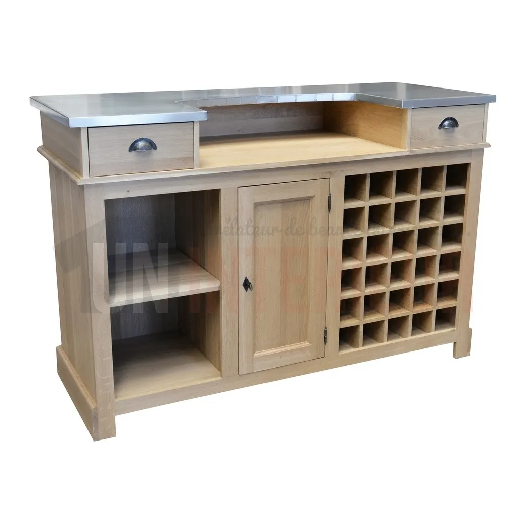 Comptoir de bar moderne de 160cm avec espace cave à vin, en chêne massif et zinc - Chester