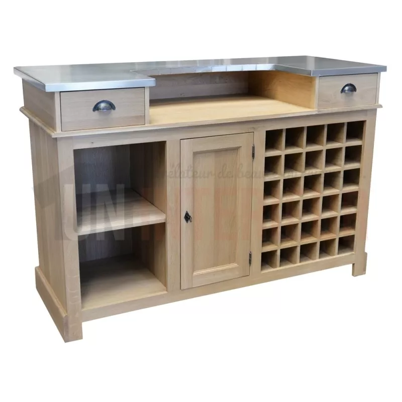Comptoir de bar moderne de 160cm avec espace cave à vin, en chêne massif et zinc - Chester