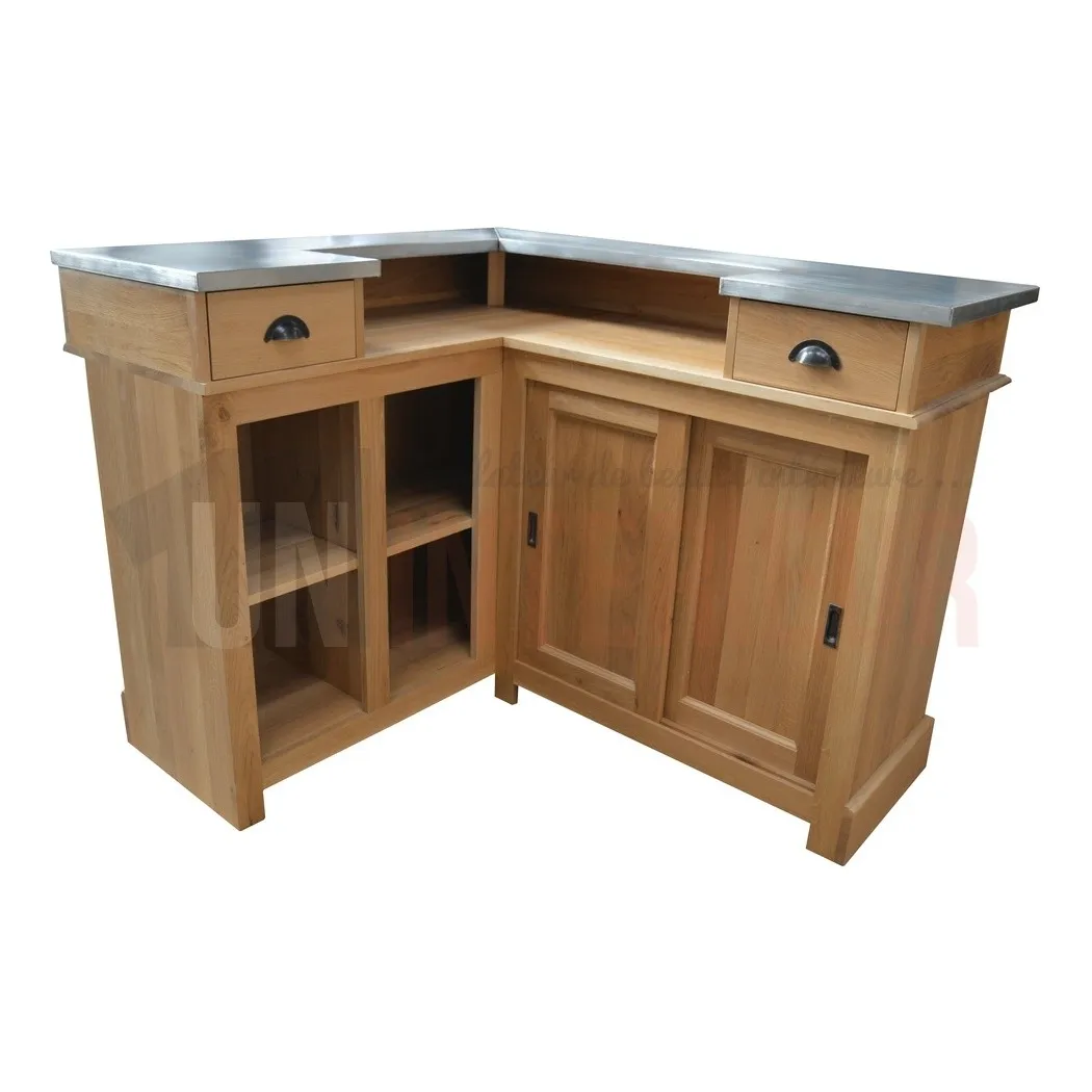 Bar d'angle 140cm x 120cm avec portes coulissantes en chêne massif - Chester