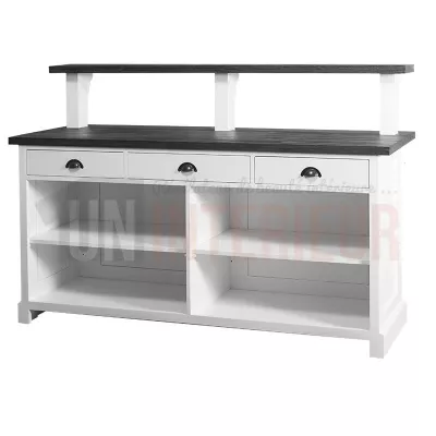 Comptoir de bar en pin massif 180cm avec plateau de service surélevé et barre repose-pieds - Chester