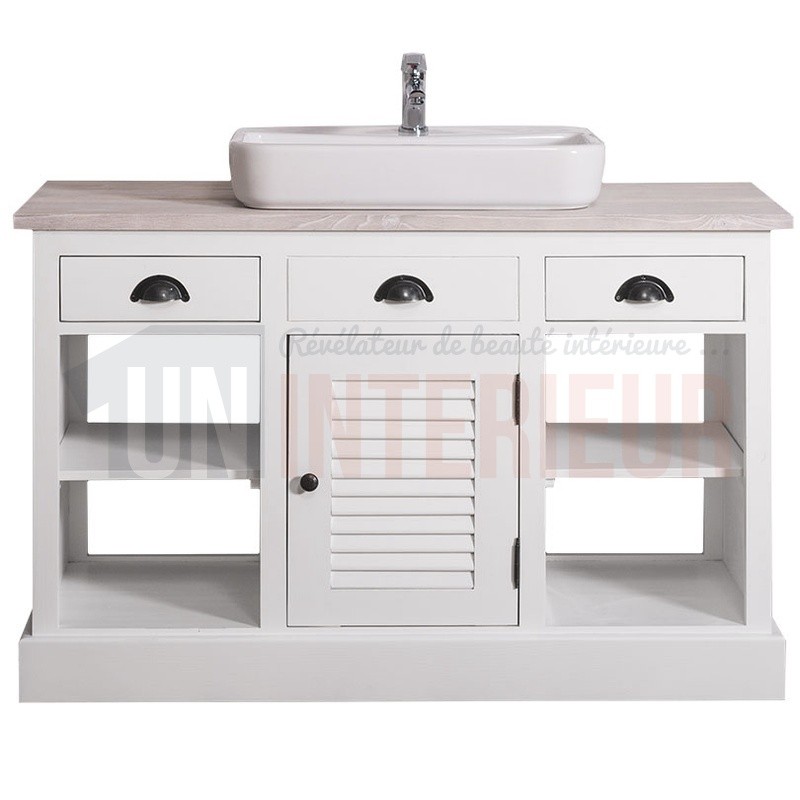 Meuble bain blanc en pin massif avec vasque céramique et plateau chêne massif - Mayfair