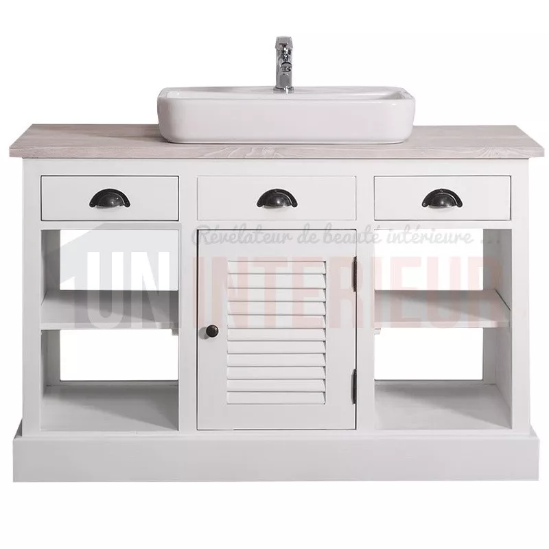 Meuble bain blanc en pin massif avec vasque céramique et plateau chêne massif - Mayfair