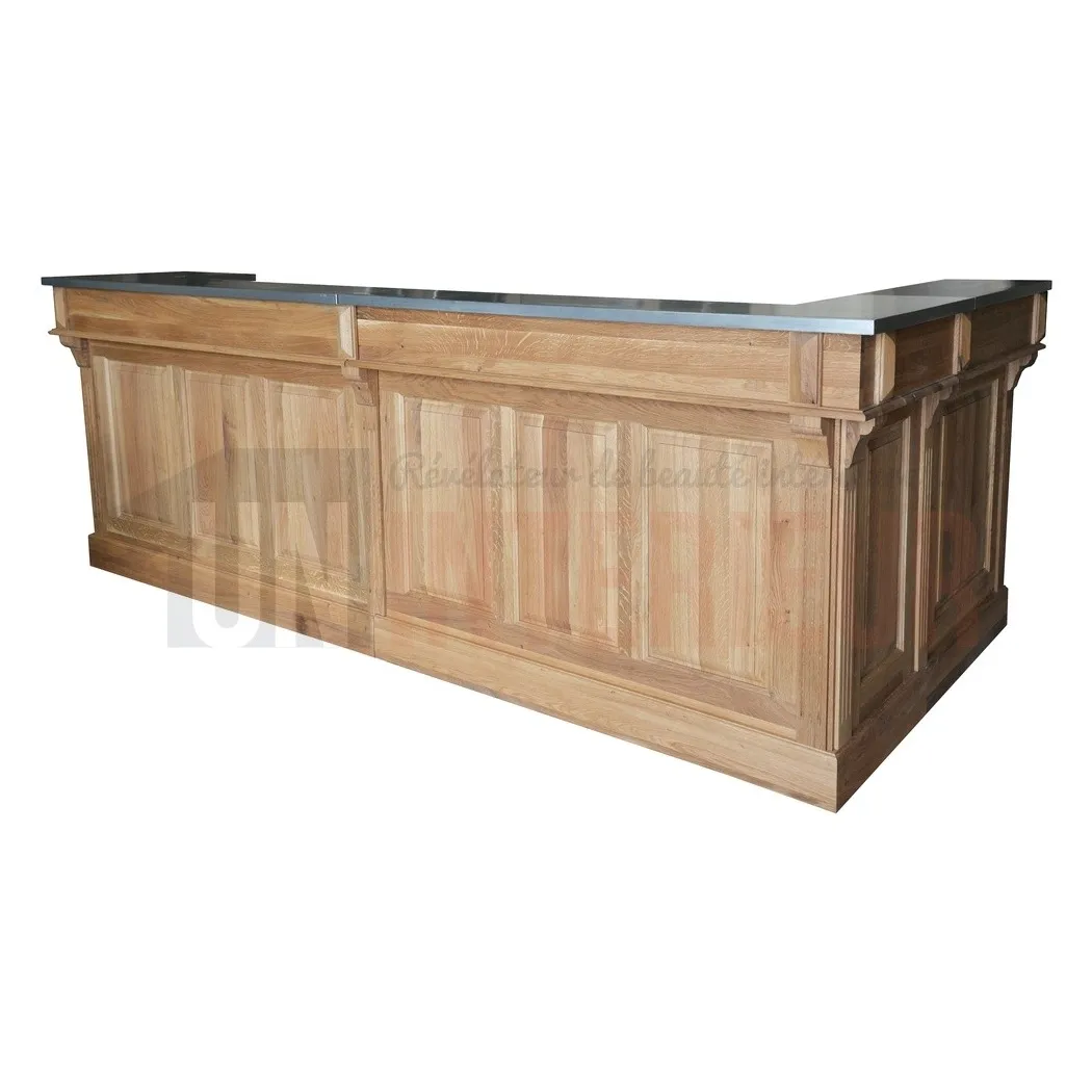 Bar d'angle 300cm x 140cm avec espace frigo en chêne massif, retour à gauche - Chester