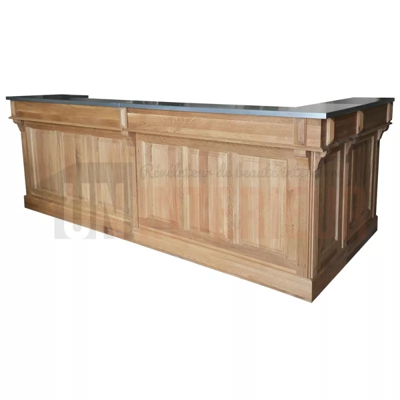 Bar d'angle 300cm x 140cm avec espace frigo en chêne massif, retour à gauche - Chester