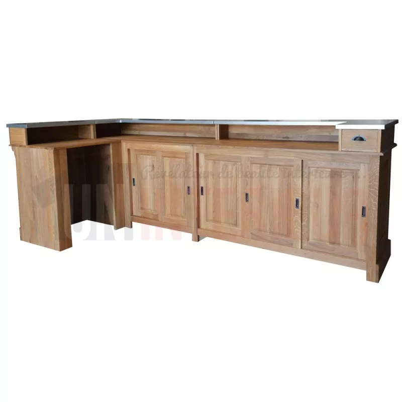 Bar d'angle 300cm x 140cm avec espace frigo en chêne massif, retour à gauche - Chester