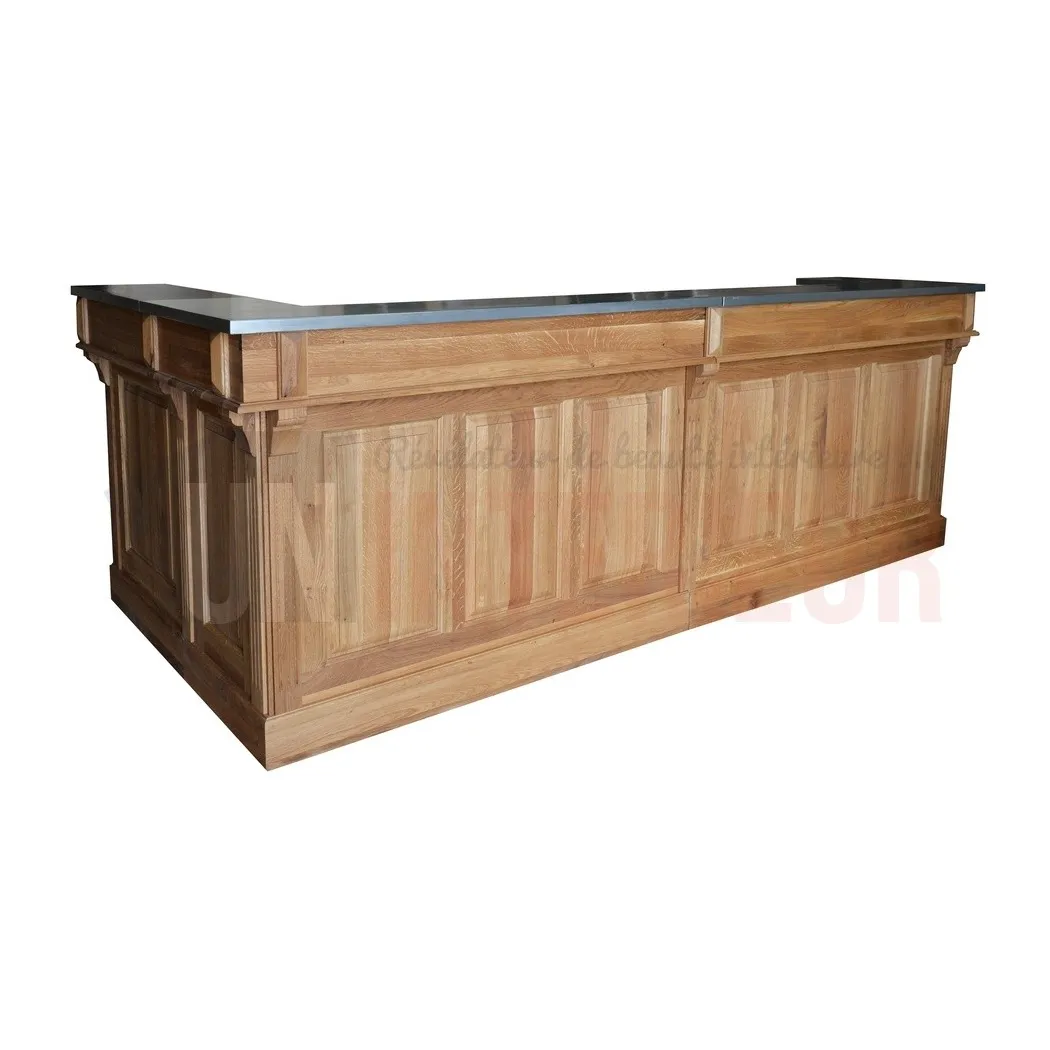 Bar d'angle 300cm x 140cm avec espace frigo en chêne massif, retour à droite - Chester