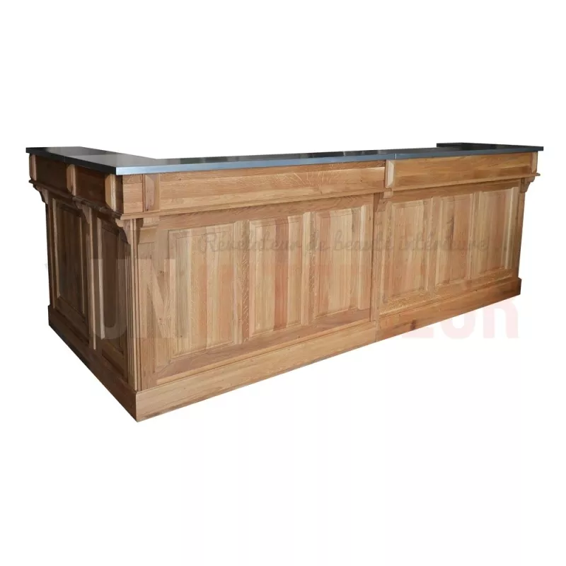 Bar d'angle 300cm x 140cm avec espace frigo en chêne massif, retour à droite - Chester