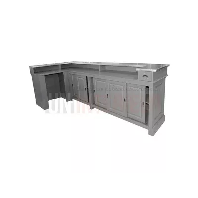 Comptoir de bar d'angle de 300cm x 140cm avec espace frigo en pin massif, retour à droite - Chester