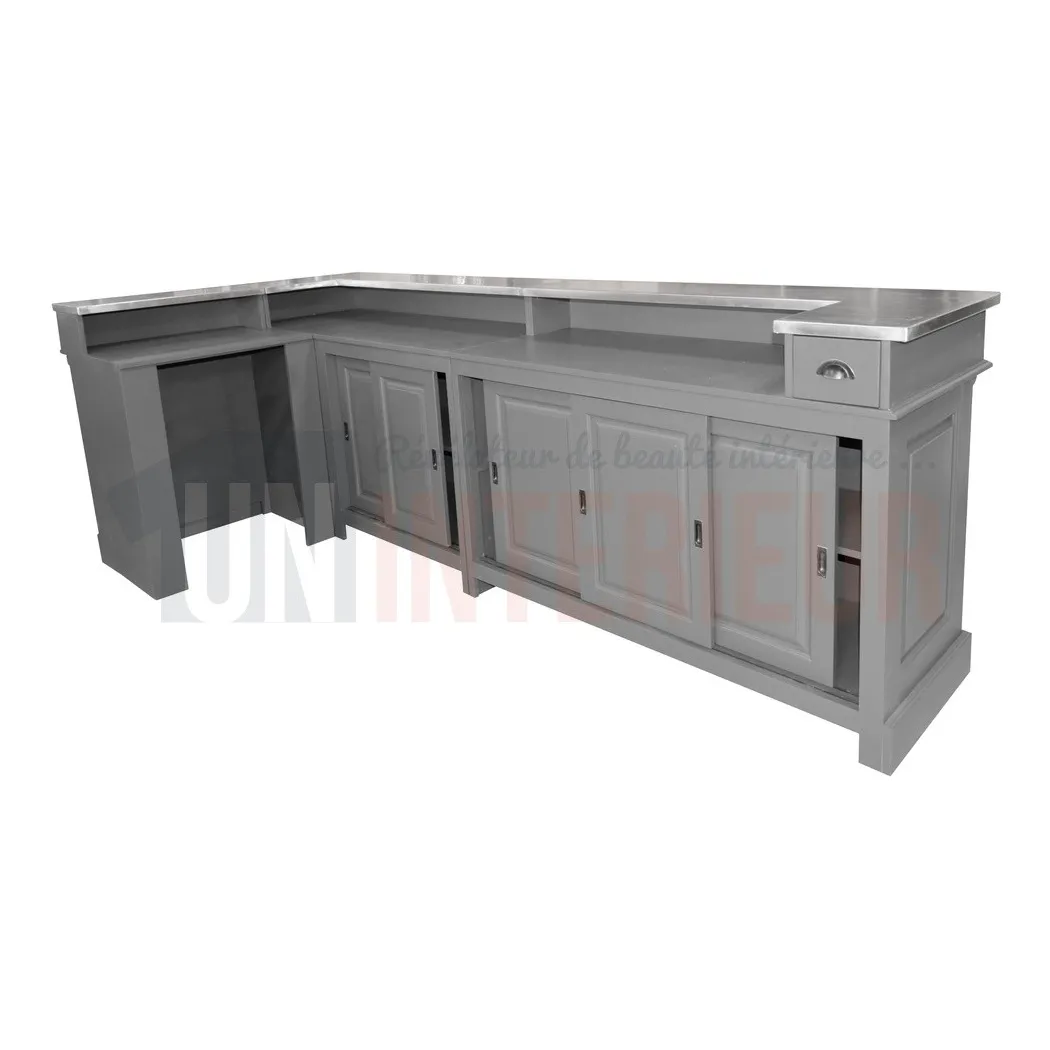 Comptoir de bar d'angle de 300cm x 140cm avec espace frigo en pin massif, retour à gauche - Chester