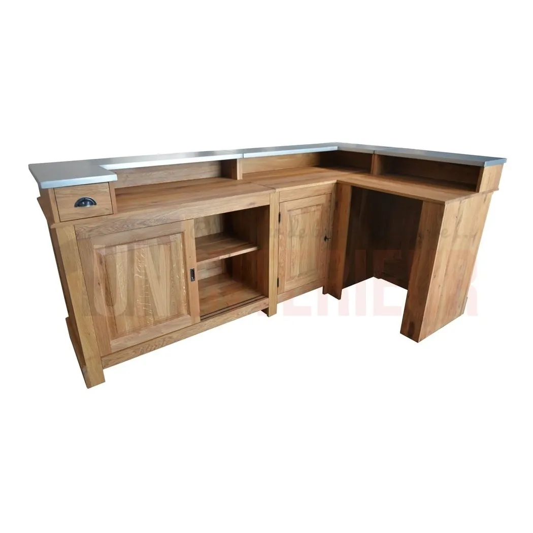 Meuble bar d'angle en chêne massif 240cm x 140cm avec espace réfrigérateur, retour à droite - Chester