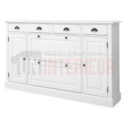 Grand meuble à chaussures et rangement 2 portes, 4 tiroirs en pin massif - Gum