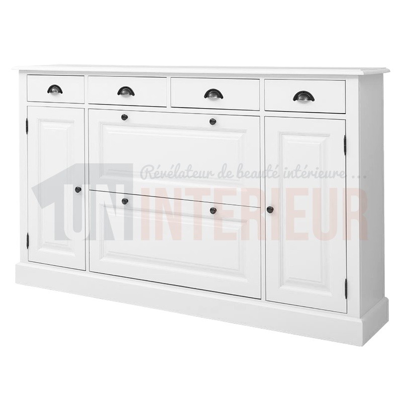 Grand meuble à chaussures et rangement 2 portes, 4 tiroirs en pin massif - Gum