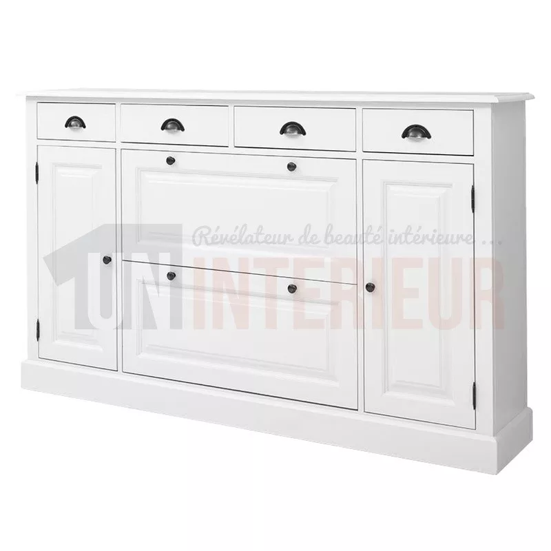 Grand meuble à chaussures et rangement 2 portes, 4 tiroirs en pin massif - Gum