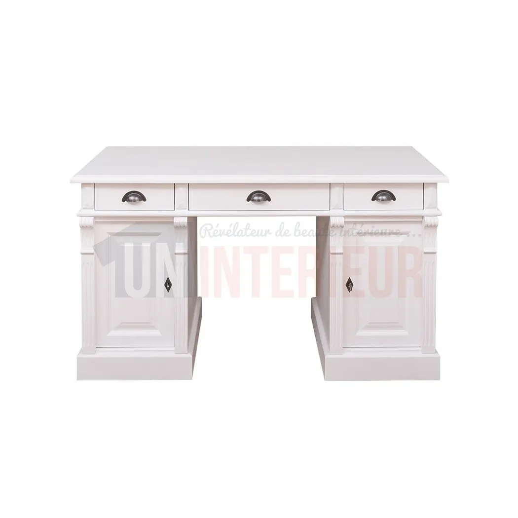 Bureau 140cm en pin massif équipé de 3 tiroirs et 2 portes - President