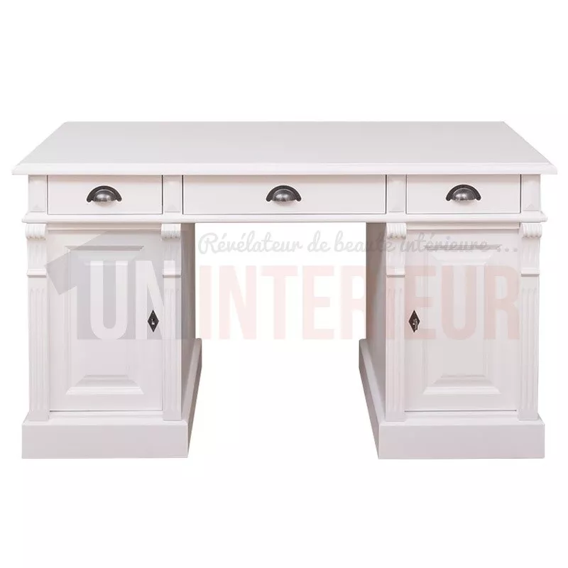 Bureau 140cm en pin massif équipé de 3 tiroirs et 2 portes - President