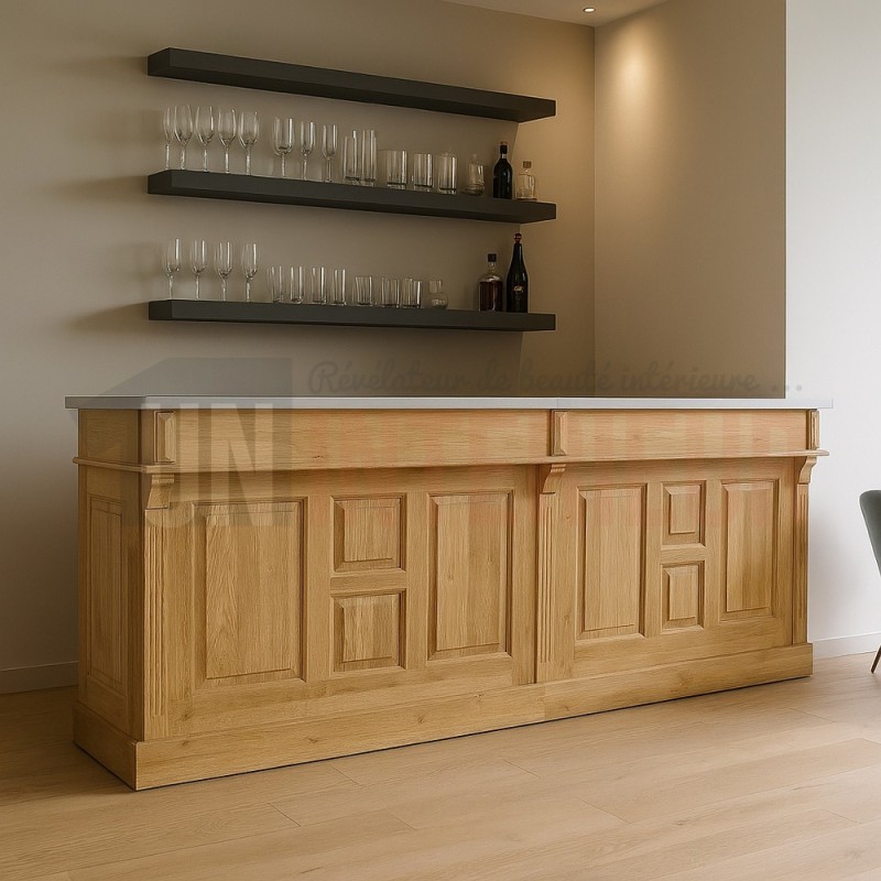 Meuble de bar chêne massif 360cm avec plateau zinc ou chêne - Chester