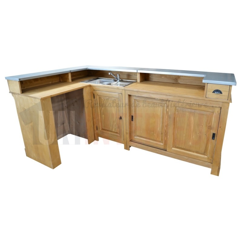 Comptoir de bar d'angle en pin massif 240cm x 140cm avec espace Frigo, retour à gauche - Chester