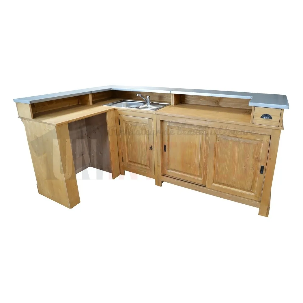 Comptoir de bar d'angle en pin massif 240cm x 140cm avec espace Frigo, retour à gauche - Chester