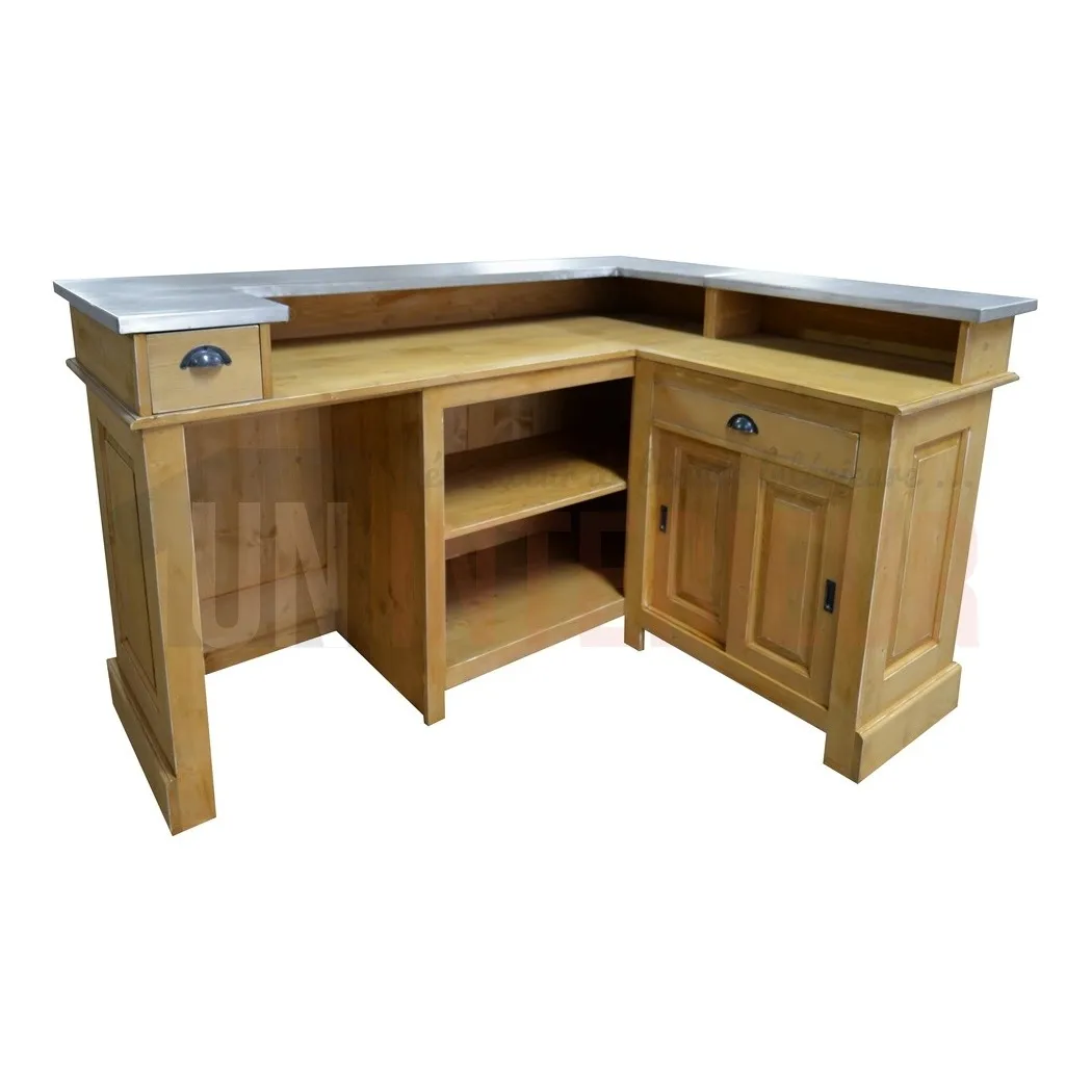 Comptoir de bar d'angle en pin massif 180cm x 140cm avec espace frigo, retour à droite - Chester