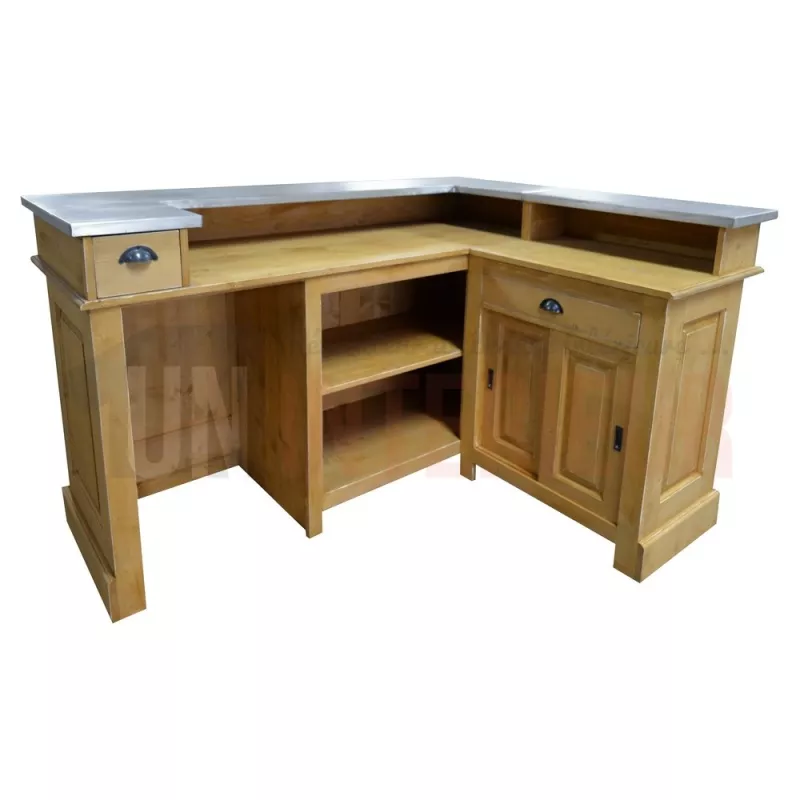 Comptoir de bar d'angle en pin massif 180cm x 140cm avec espace frigo, retour à droite - Chester
