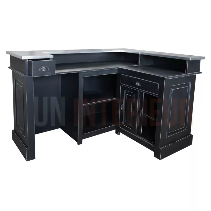 Comptoir de bar d'angle en pin massif 180cm x 140cm avec espace frigo, retour à droite - Chester