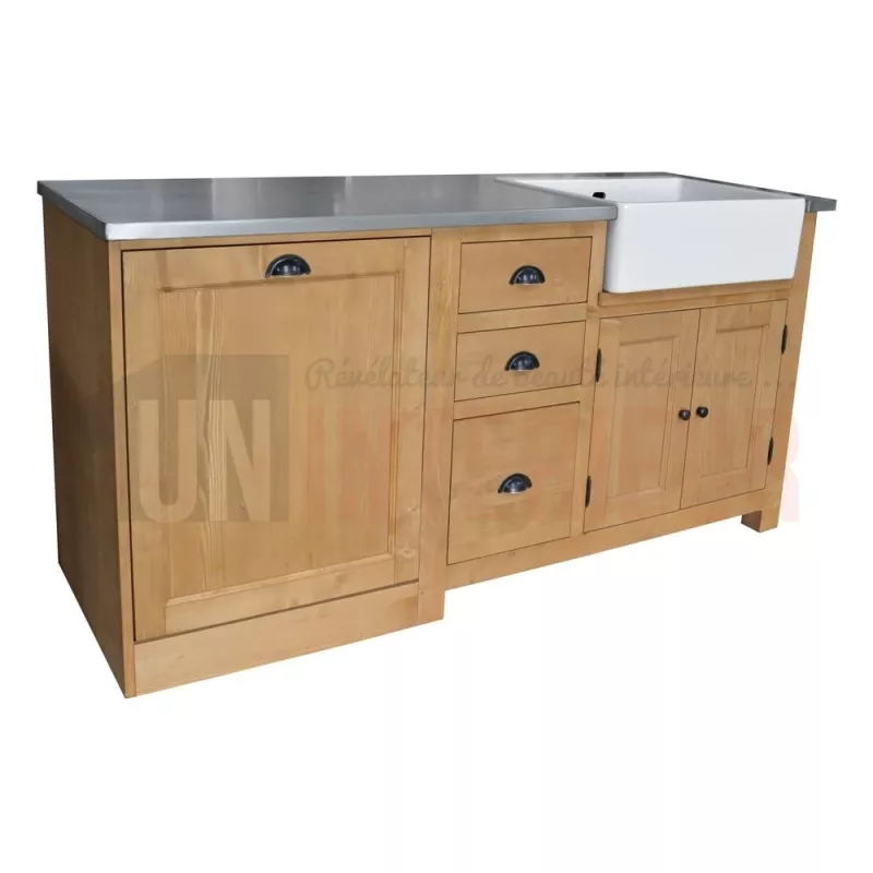 Combi meuble évier et lave-vaisselle en pin massif, avec évier timbre inclus à droite - Straight