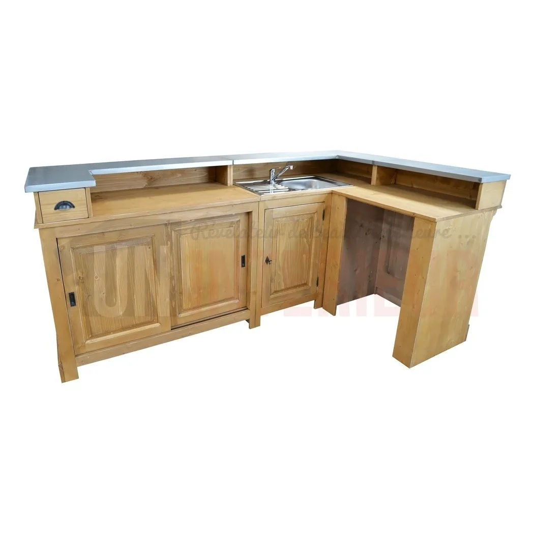 Comptoir de bar d'angle en pin massif 240cm x 140cm avec espace Frigo, retour à droite - Chester