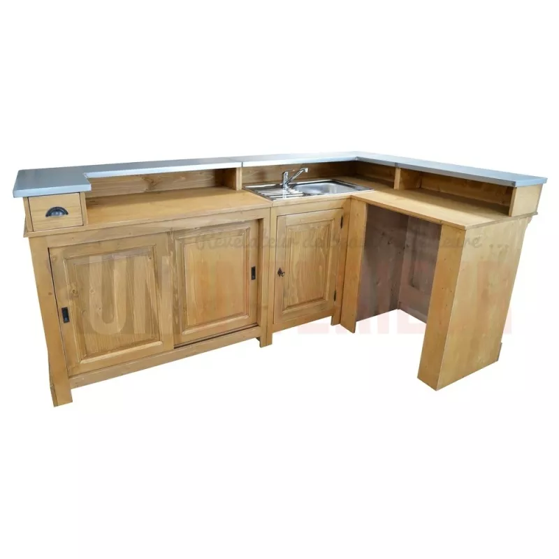 Comptoir de bar d'angle en pin massif 240cm x 140cm avec espace Frigo, retour à droite - Chester