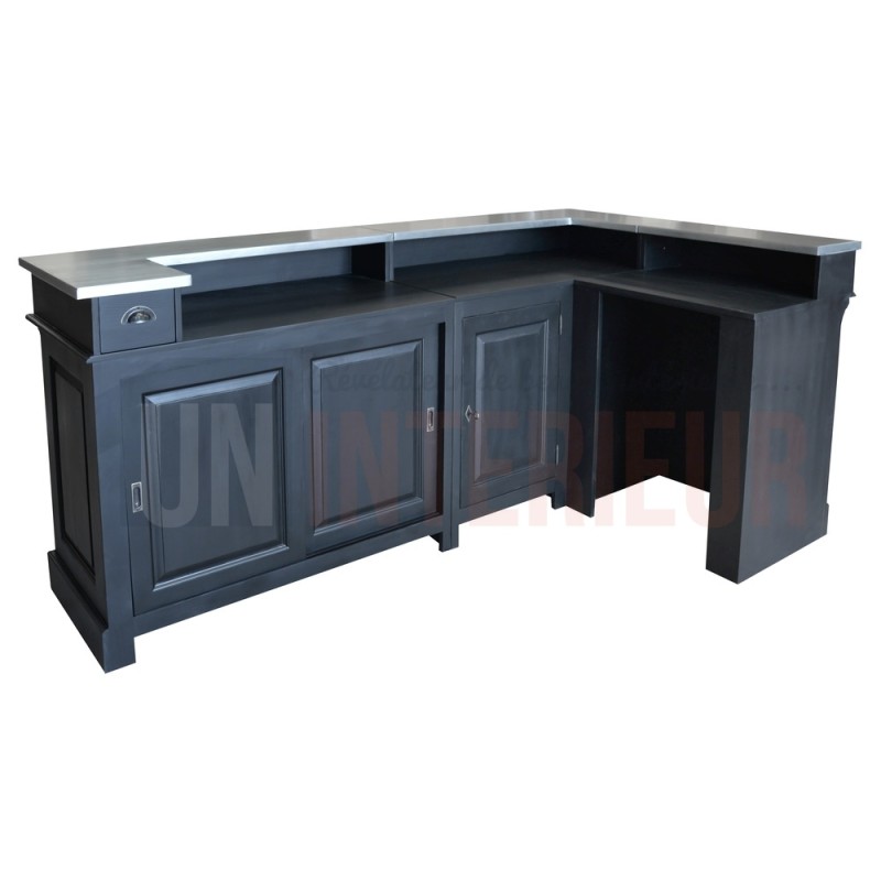 Comptoir de bar d'angle en pin massif 240cm x 140cm avec espace Frigo, retour à droite - Chester