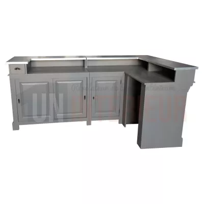 Comptoir de bar d'angle en pin massif 240cm x 140cm avec espace Frigo, retour à droite - Chester