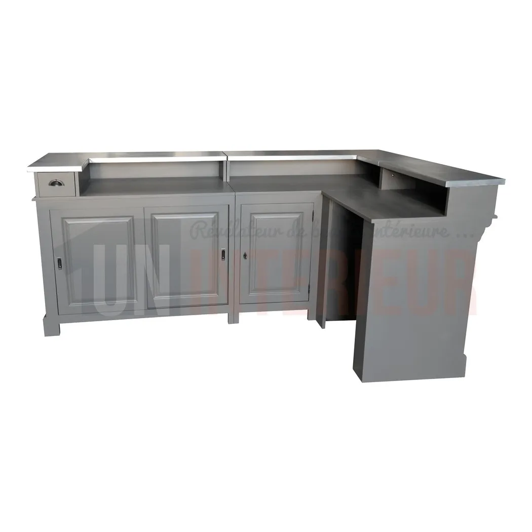 Comptoir de bar d'angle en pin massif 240cm x 140cm avec espace Frigo, retour à droite - Chester