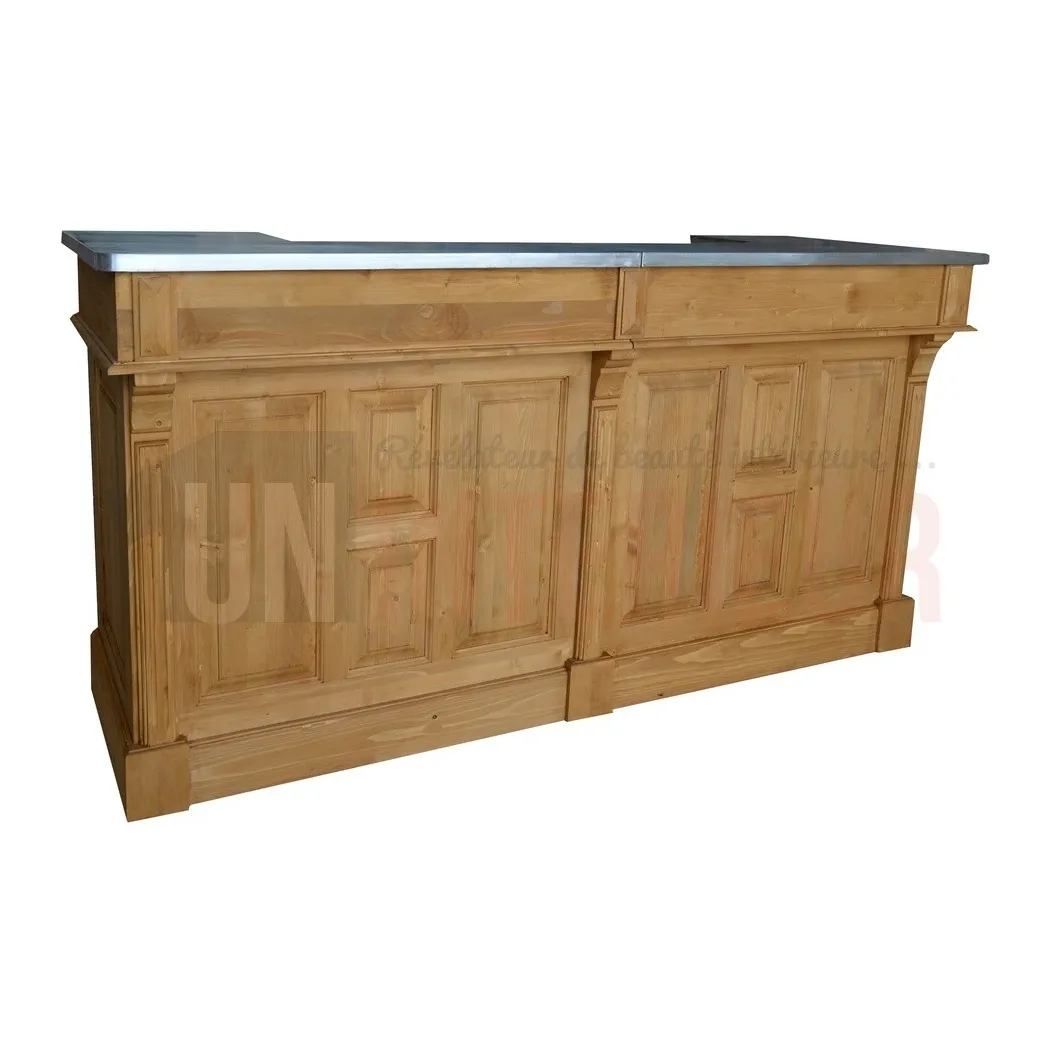 Grand meuble bar de 210cm en pin massif avec plateau zinc - Chester
